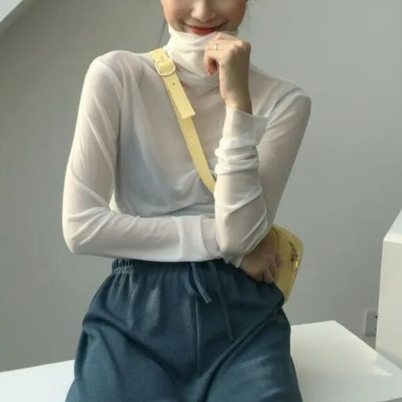 long sleeve white mesh mockneck top - Picture 1 of 4
